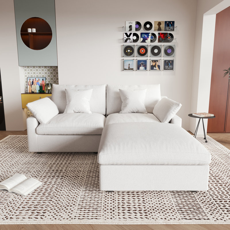 Slipcovered Upholstered Modular Sofa With Ottoman, 29.53" H x 82.68" W x 77.95" D, Beige