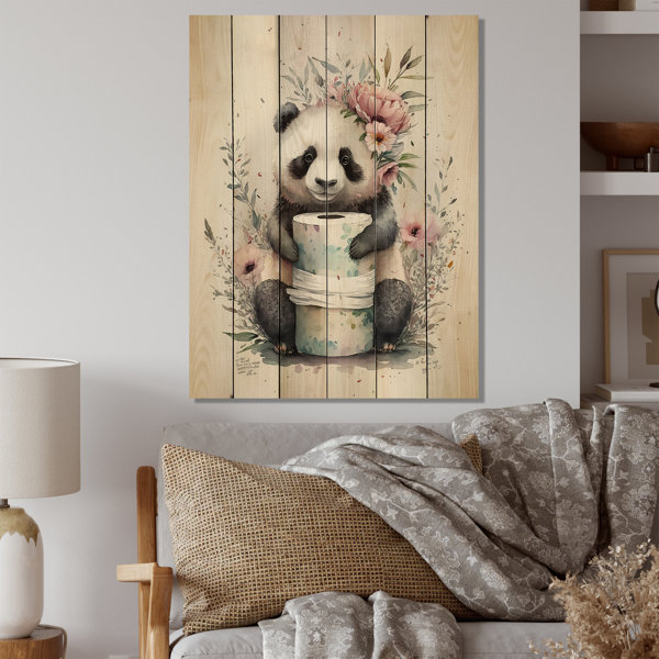 Zoomie Kids Panda With Roll Of Toilet Paper And Flowers On Wood Print ...