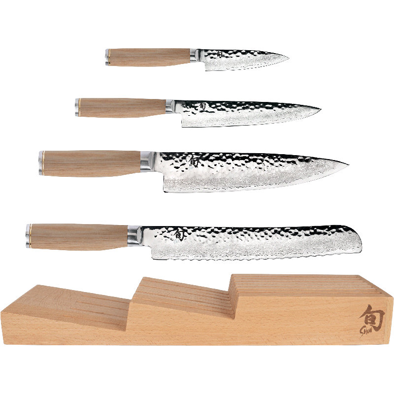 Shun Premier Blonde 5 Piece In-Drawer Set, Includes 8" Chef's Knife, 4" Paring Knife, 6.5" Utility Knife & 9" Bread Knife, Handcrafted Japanese Knife Set, Damascus Stainless Steel Cladding, Pakkawood Handle
