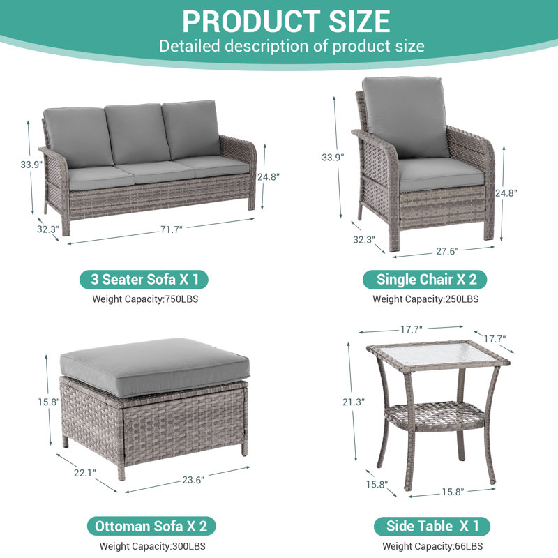 Ensemble de canapé de patio en rotin 6 pièces avec repose-pieds et table, Gris
