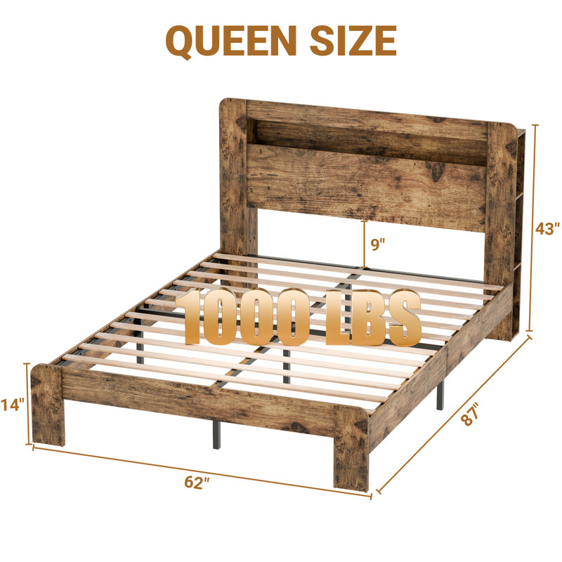 Rustic Wooden Platform Bed With Charging Station, LED Lights, And Storage Shelves – Full, Queen, And King Sizes, Queen