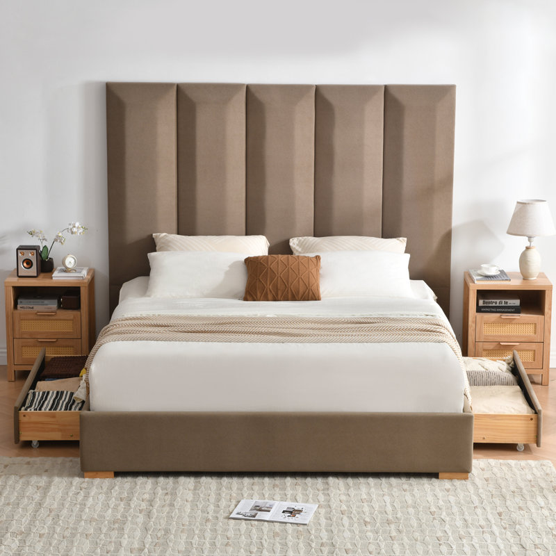 Juanetta 71.5" Tall Headboard Upholstered Platform Bed With 2 Wood Large Storage Drawers, King, Taupe