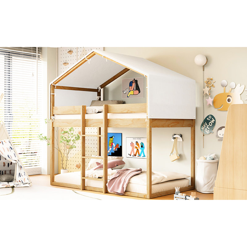 Lit simple superposé au-dessus de bois avec tente, couleur, construction solide, décoration de chambre à coucher ludique - finition, construction pour, conception inspirée de la maisonnette, espace de rangement spacieux