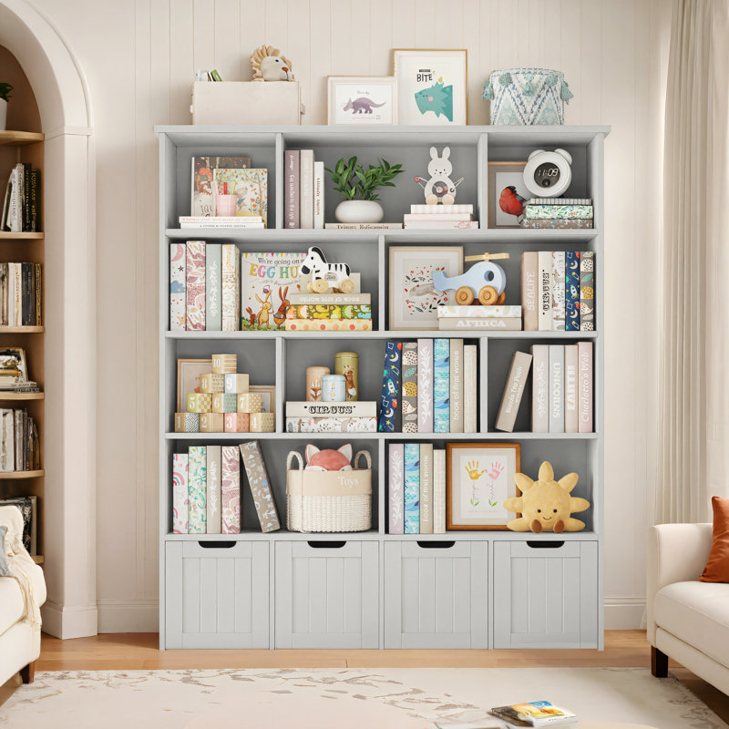 57.5"H 5-Tier Cube Storage Bookcase, Standard Bookcase with 4 Removable Drawers, Grey