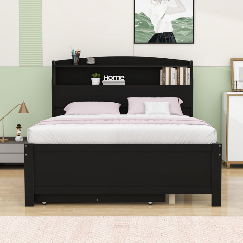  Lit plateforme en bois avec lit gigogne, tête de lit et tiroirs Falcone, Double, Espresso