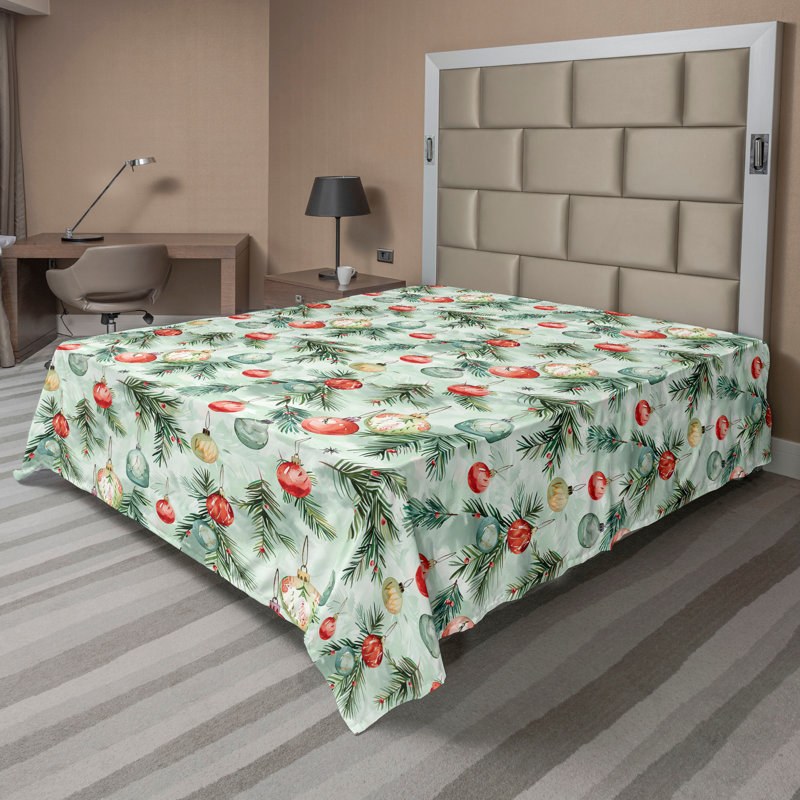 Drap plat moderne de style bohème Ambesonne, Full Flat Sheet, Vert menthe pâle / motif floral vermillon