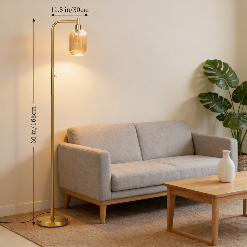 Modern Floor Lamp With Dimmer And Green Ribbed Glass Shade, 66-Inch Tall Standing Lamp For Living Room, Bedroom, Or Study With Sturdy Metal Base
