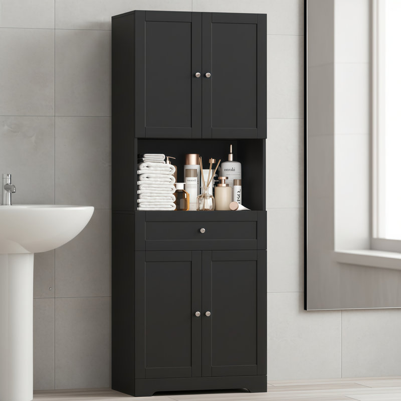 67.5-Inch Tall Black Bathroom Vanity With Four Drawers, Farmhouse Style Freestanding Design., Black