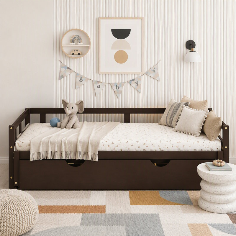 Lit de jour extensible avec couchette, lit de jour en bois avec couchette, Espresso