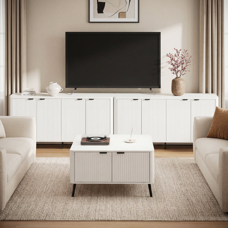 Fluted Sideboard Buffet Cabinet with Adjustable Shelves, White