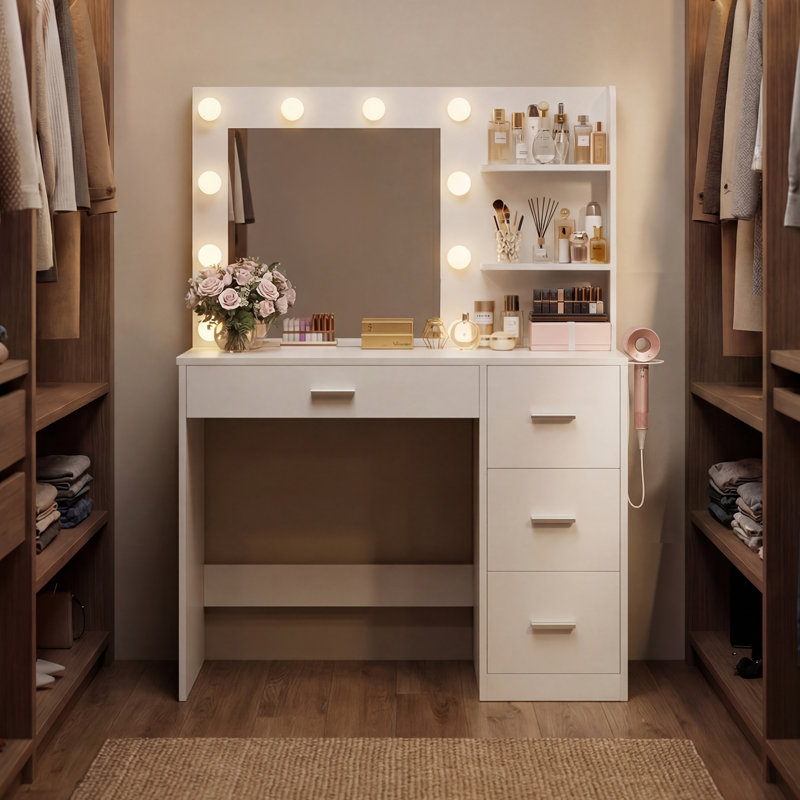 Ragin Makeup Vanity With Usb Power Outlet And 3 Modes Adjustable Brightness Light, White, 54.2" H x 35.4" W x 15.7" D