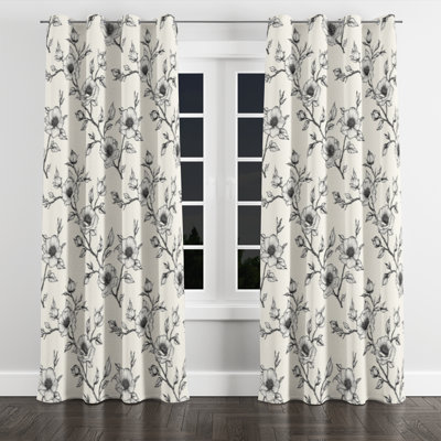 Modern Velvet Curtains - Black Toile Sketch Grommet Curtain - 1 Panel