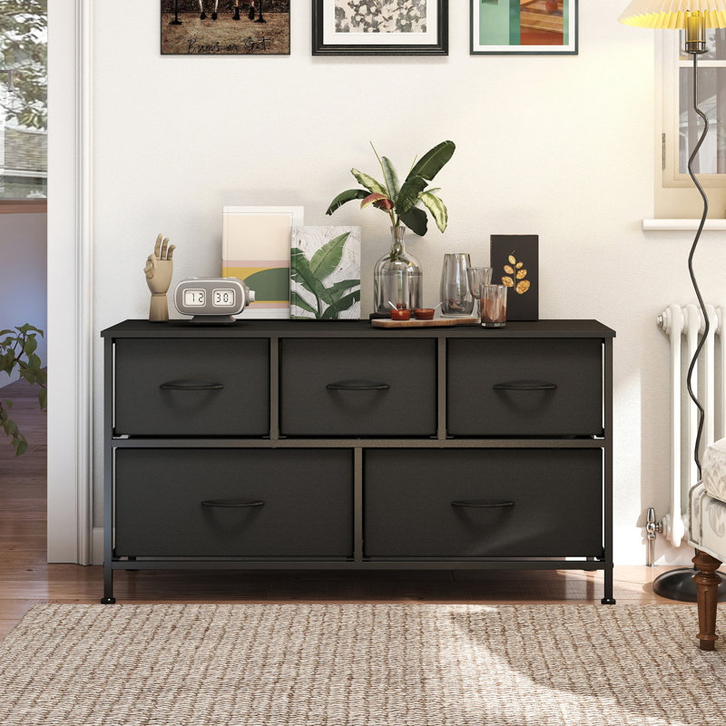 Dresser For Bedroom, Chest Of Drawers, TV Stand, Steel, MDF, 5 Non-Woven Fabric Drawers, Storage Organizer Unit, Closet, Entryway