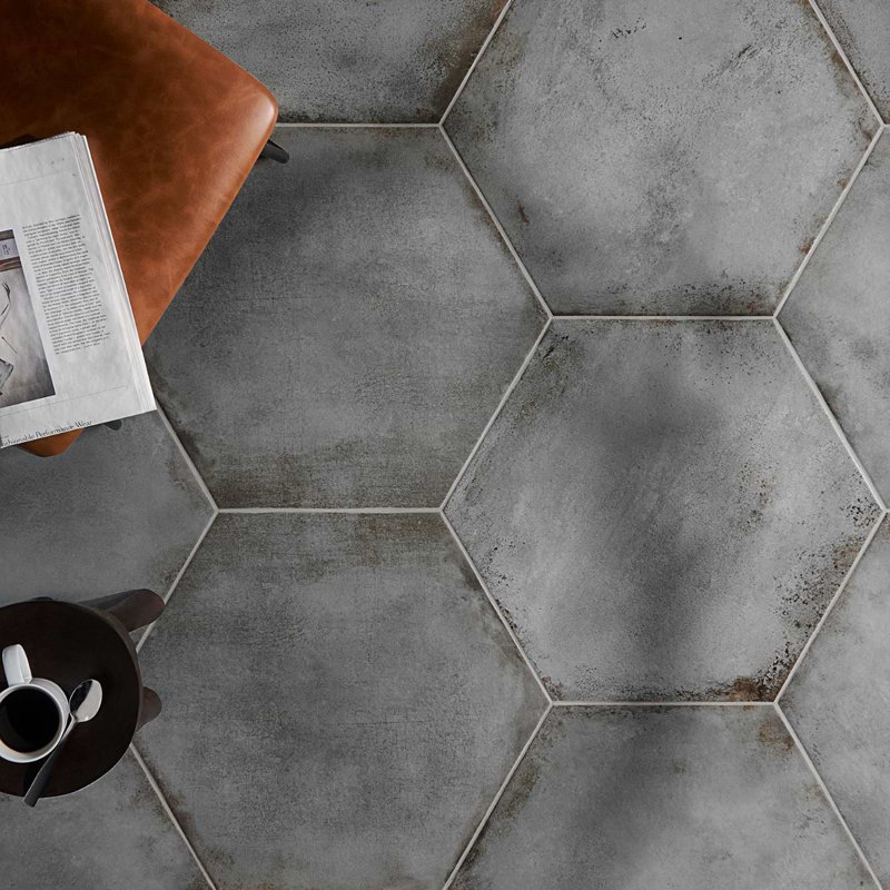 Angela Harris Flatiron 20" Large Hexagon Matte Porcelain Tile, Gray