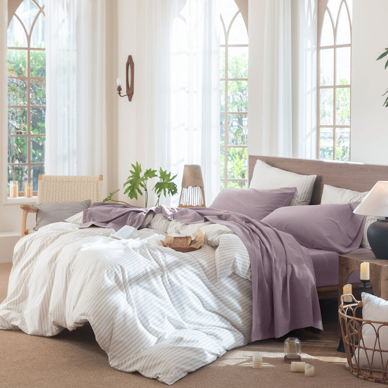 Ensemble de draps MooMee, Ensemble de draps pour grand lit avec 2 taies d'or, Taro Purple