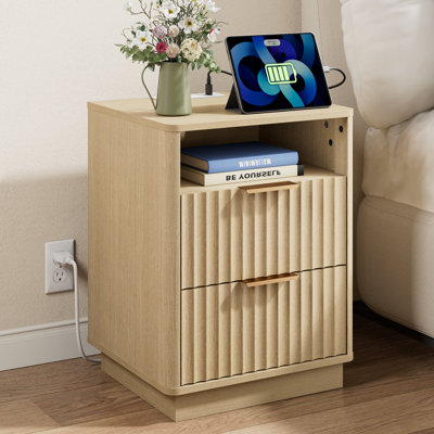 Jenkins 18''W Fluted Nightstand with Charging Outlets 2-Drawer & Open Cubby,Wood nightstand