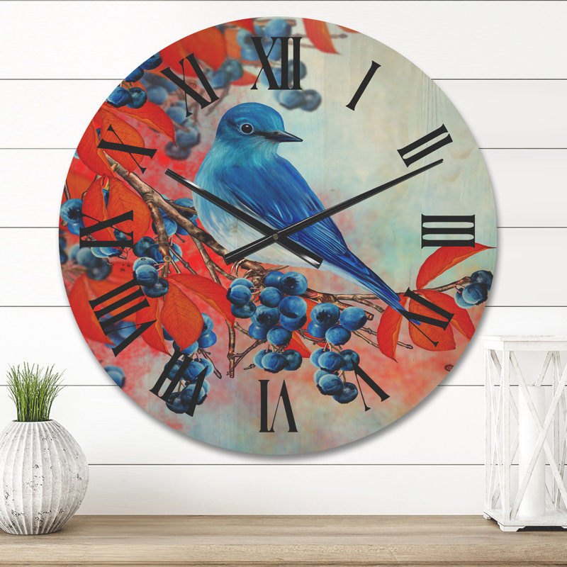 Horloge murale en bois lumineux bouvreuil assis sur une branche III, Petit