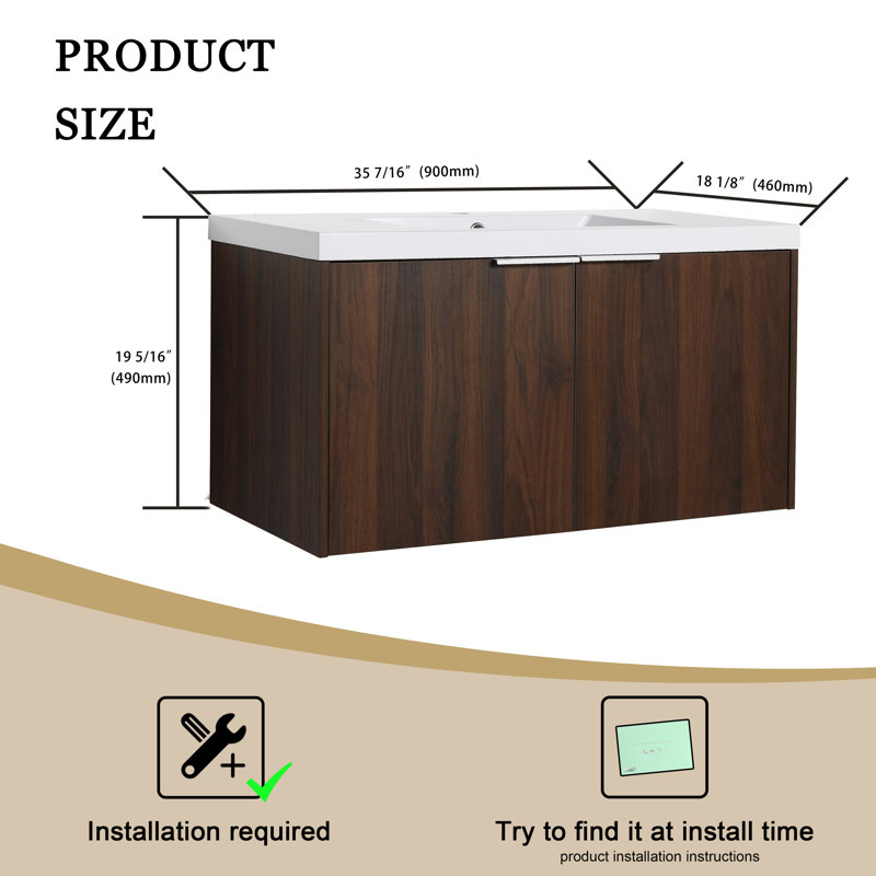 Meuble-lavabo mural simple 35,43 po avec plateau en résine Beykoy, Brun