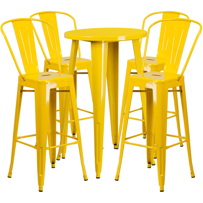 Williamston Round Metal Indoor-Outdoor Bar Table Set with 4 Cafe Stools, Yellow, 41" H x 24" W x 24" L