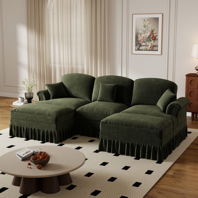 107.1'' Chenille Ruffled Pleated Skirt With Two Footstool Double Soft Cushion Sofa, Green