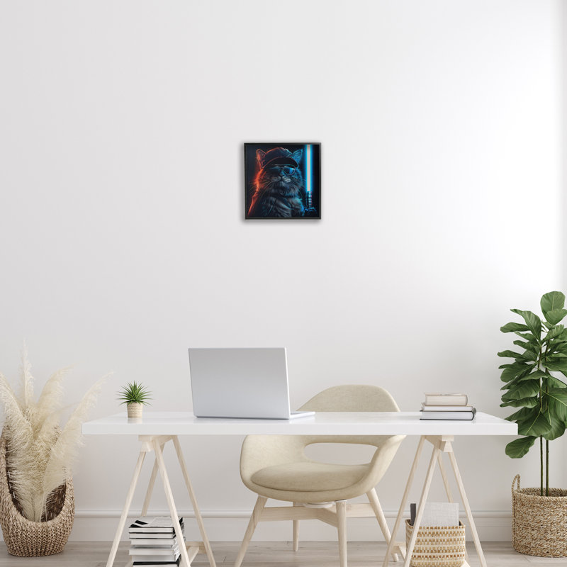 Sci-Fi Cat with Glowing Sabre Framed Giclee Art by Jim Baldwin, 12" H x 12" W, Black