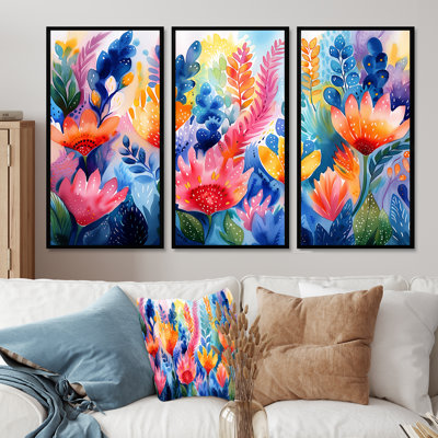 Ensemble de salon art floral orange, aquariums bleus et rêves floraux I