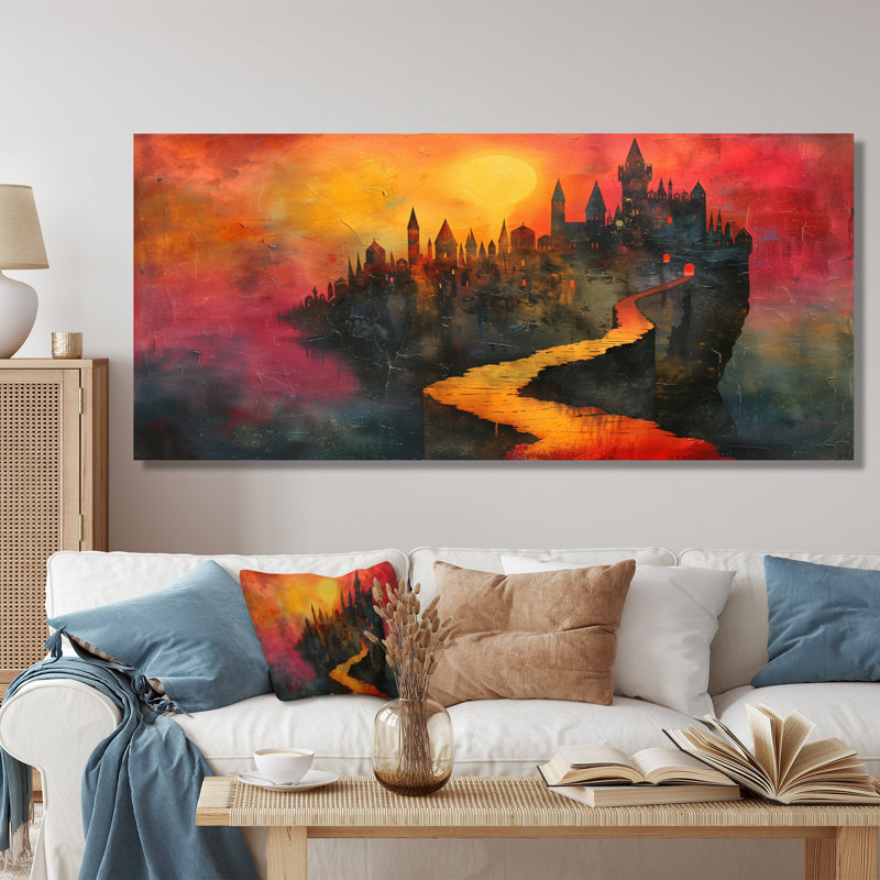Décoration murale jaune et rouge, coucher de soleil, château magique I - châteaux, Cadre flottant noir, 34" H x 44" W