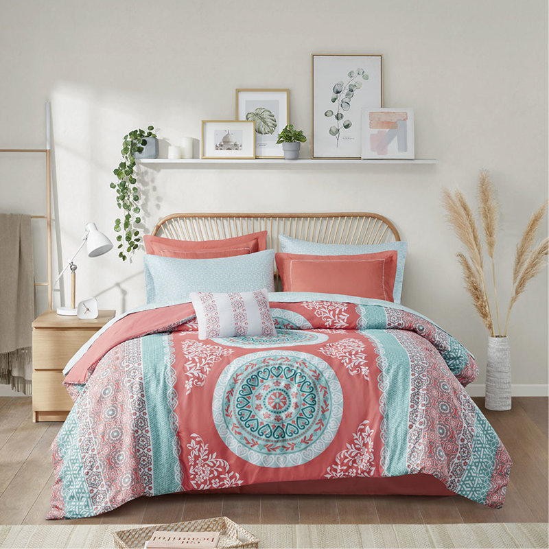 Édredon simple avec draps - thème médaillon corail, taies décoratives brodées, ensemble d'édredon imprimé à motif d'édredon, broderie, touche élégante pour la chambre à coucher