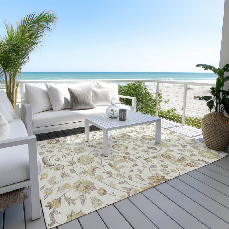 Ivory Floral Pattern Machine Washable Synthetic Rug