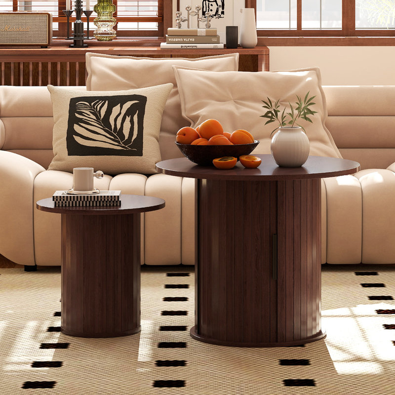 Wooden  Nesting Of Coffee Table With Metal Frame, Set Of 2 Spacious Top Coffee Table Sets With Hidden Storage Space, Walnut