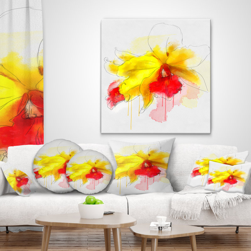 Coussin décoratif à fleurs jaunes et éclaboussures rouges