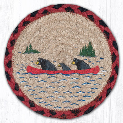  Bears in Canoe Round Coaster 7" H Rustic Jute Lodge Accent with Wildlife Design