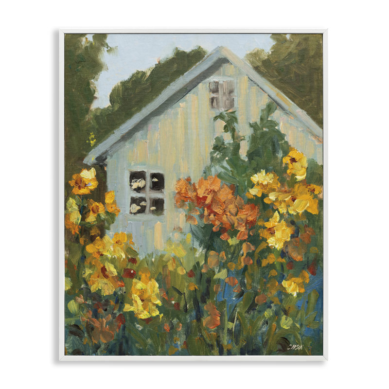 Sunlit Cottage Garden View, giclée encadrée, design par Carson, 20 x 16, Coastal White Giclee Framed