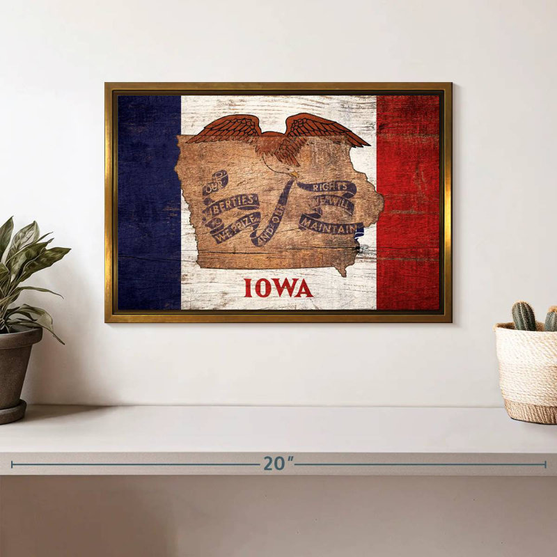 Carte d'État sur le drapeau de l'Iowa, Cadre flottant doré, 13 po x 9 po