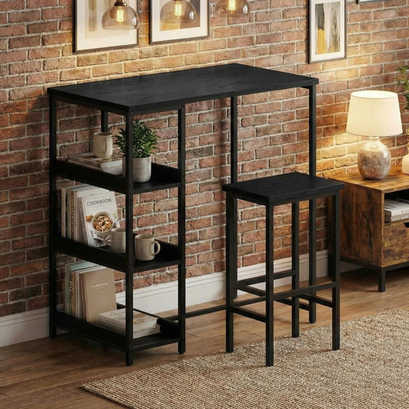 Space-Saving 3-Piece Dining Table Set with Storage Shelves – Modern Kitchen Table and 2 Stools – Ideal for Small Apartments, Breakfast Nook – Easy Assembly – Black Tube + Black Wood Grain, Seat Board