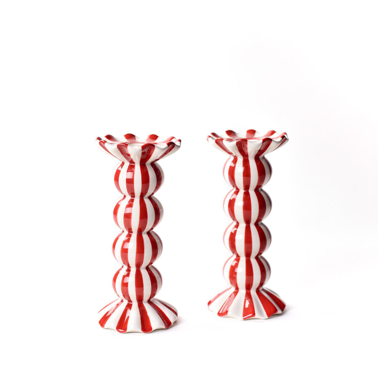 Red Stripe Medium Ruffle Knobbed Candle Holder Set Of 2, 7.75" H x 3.5" W x 3.5" D, Yes