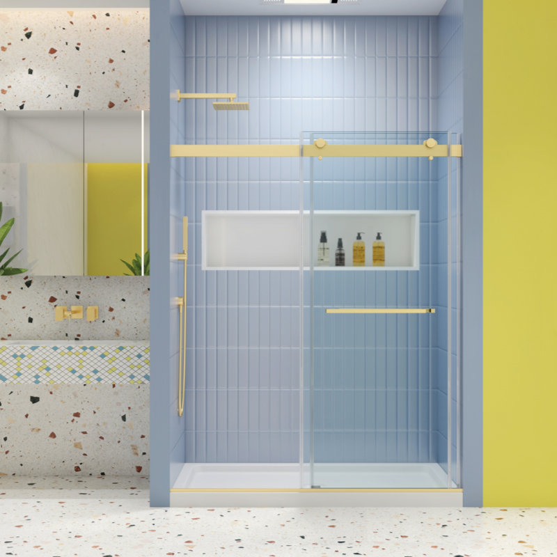 Porte de douche à dérivation, porte coulissante, système de fermeture en douceur, avec verre trempé de 5/16 po, Or brossé