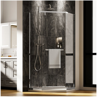 Porte de douche de coin pivotante sans cadre 36 po x 36 po x 72 po avec verre trempé transparent 1/4 po, peu encombrant