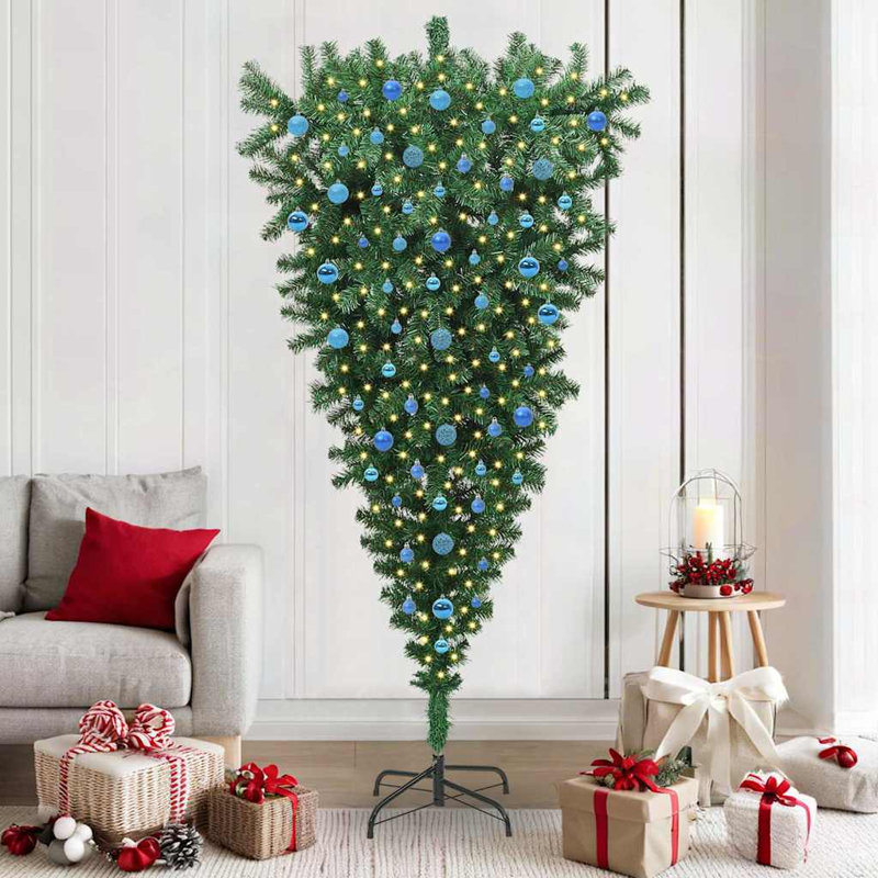 vidaXL Upside-down Artificial Pre-lit Christmas Tree with Ball Set, 6.89 ft