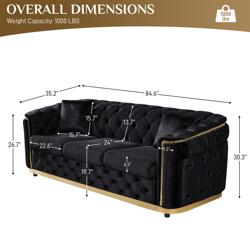 Canapé de luxe en velours Chesterfield 85 "avec capitonnage à boutons, Noir / or