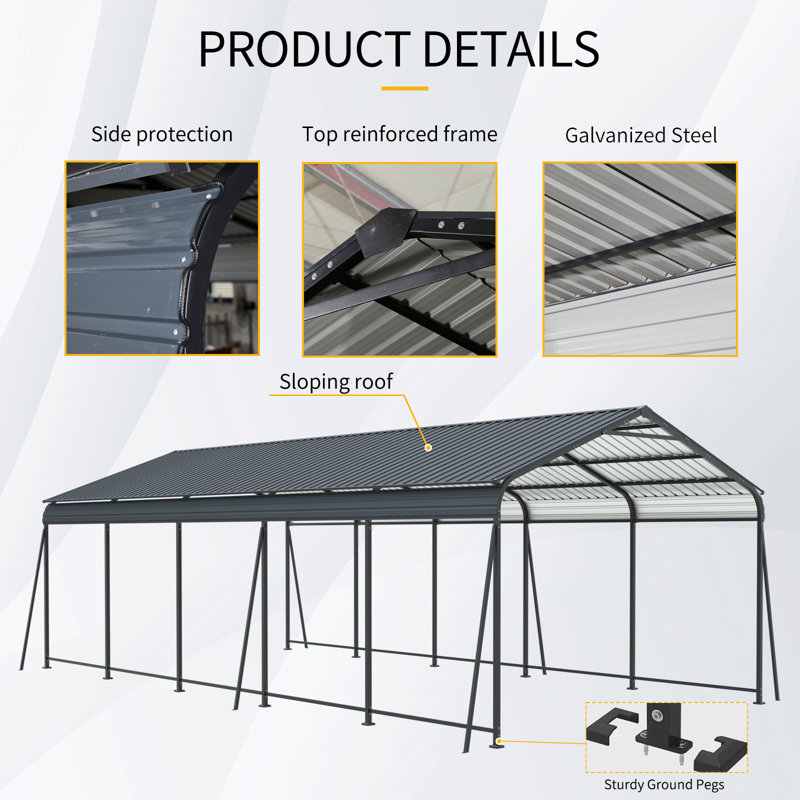 Abri d'auto en métal 13 x 26,5 pi avec toit et cadre en acier galvanisé, conception à rayures verticales, abri extérieur