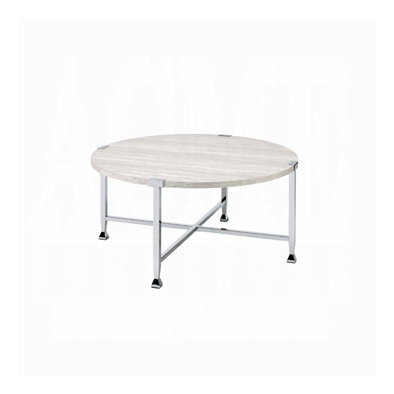 Table basse ronde contemporaine avec plateau en chêne blanc et base chromée