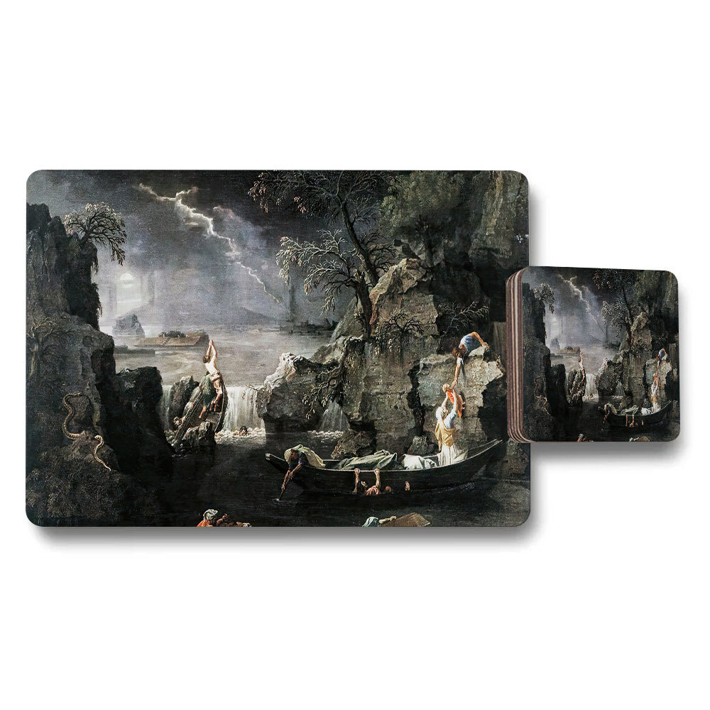 Artistic River Landscape Placemats And Coaster Set With Classical Boat Scene