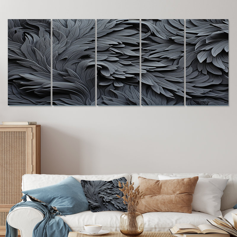 «Grey Spiraling Fractal Sprial II - Abstract Spirals», art mural 5 pièces, H 28 po x l 60 po