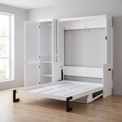 Grand lit escamotable mural avec garde-robe, tablette de bureau intégrée et station de charge, vérins à gaz et rangement dissimulé - armoire de lit peu encombrante pour chambres d'amis et bureaux à domicile