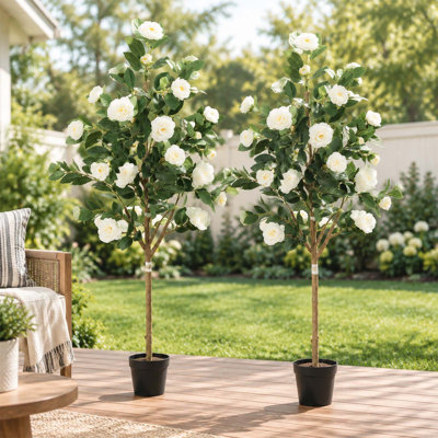 Set of 2 5 Ft Artificial Camellia Trees with 2 Woven Planters Included, Lifelike Faux Flowering Plants for Indoor Outdoor Home, Entryway and Porch Decor