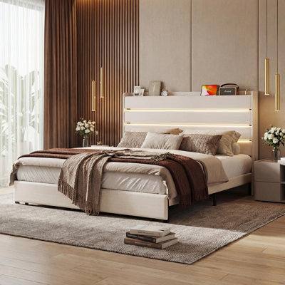 Velvet Upholstered Bed With Headboard, Storage Drawers, Led Light & Charging Station