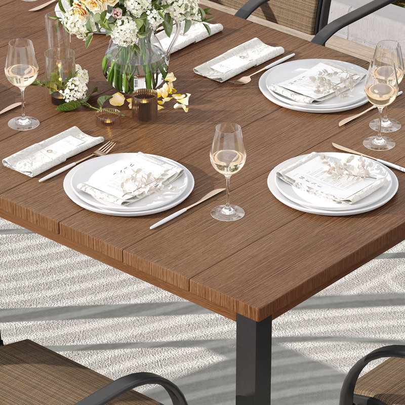 Leyre 6 - Person Metal Patio Dining Set with Rectangular Table, Brown/Brown