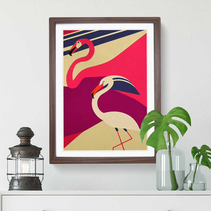 Flamingos - Wall Art, 34cm H x 25cm W x 2cm D, Walnut Framed Paper
