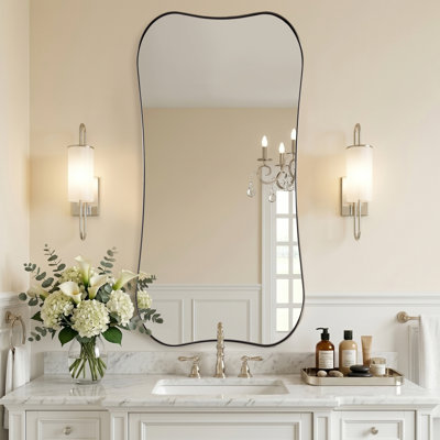 Contemporary Dual Concave Edge Scalloped Rectangle Bathroom Vanity Mirror | Stainless Steel Frame